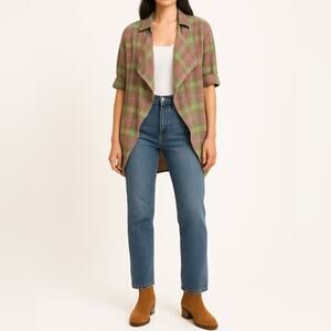 ELLISON 100% Cotton Plaid Draped Front Woven Cardigan | S | Lightweight Layering